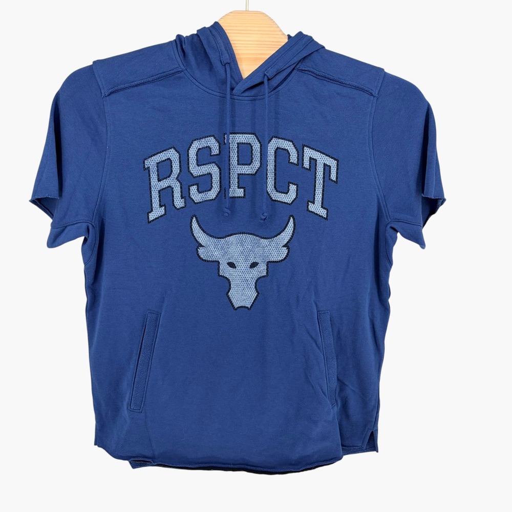 Under Armour Project Rock Short Sleeve Hoodie Large Blue RSPCT Brahma Bull